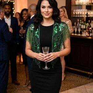 Sequin Fringe Green Capelet Jacket - Evening Bolero